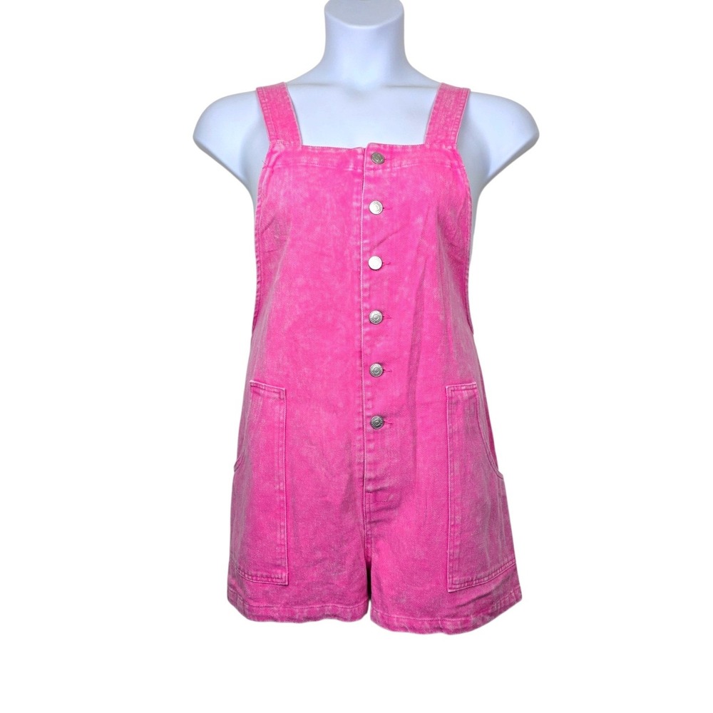 &merci Womens Pink Acid Wash Button Front Denim Shortalls Size L NWT